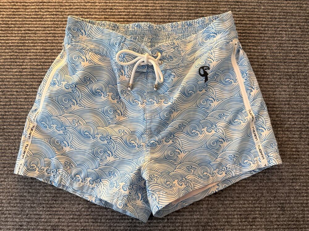 Tucann Men’s Athletic Swim Shorts Size Medium Blue White Wave Print Zip Pockets
